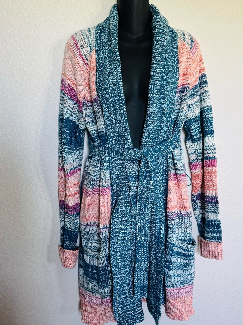 Sundance Boho Blue Pink Long Shrug Cardigan Sweater S